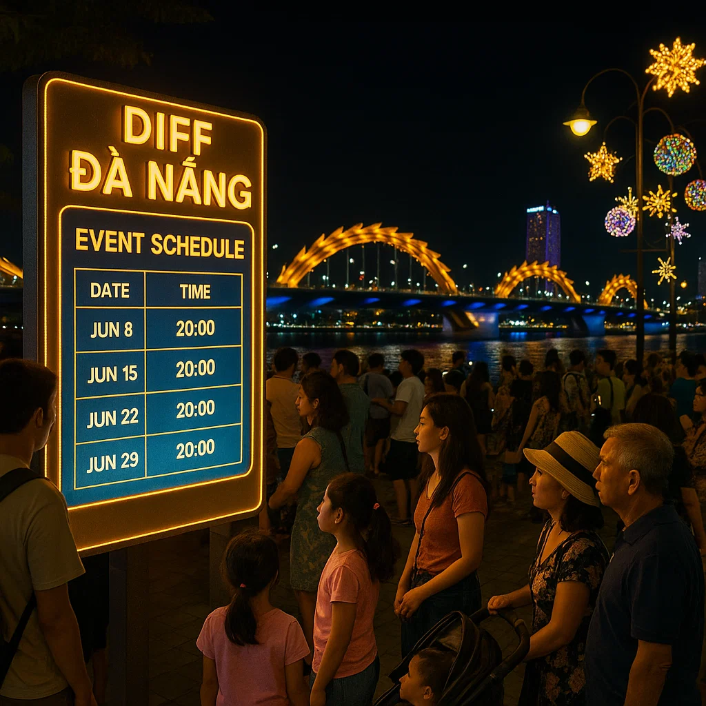 Visitors checking Diff Danang event schedule near Han River venue.