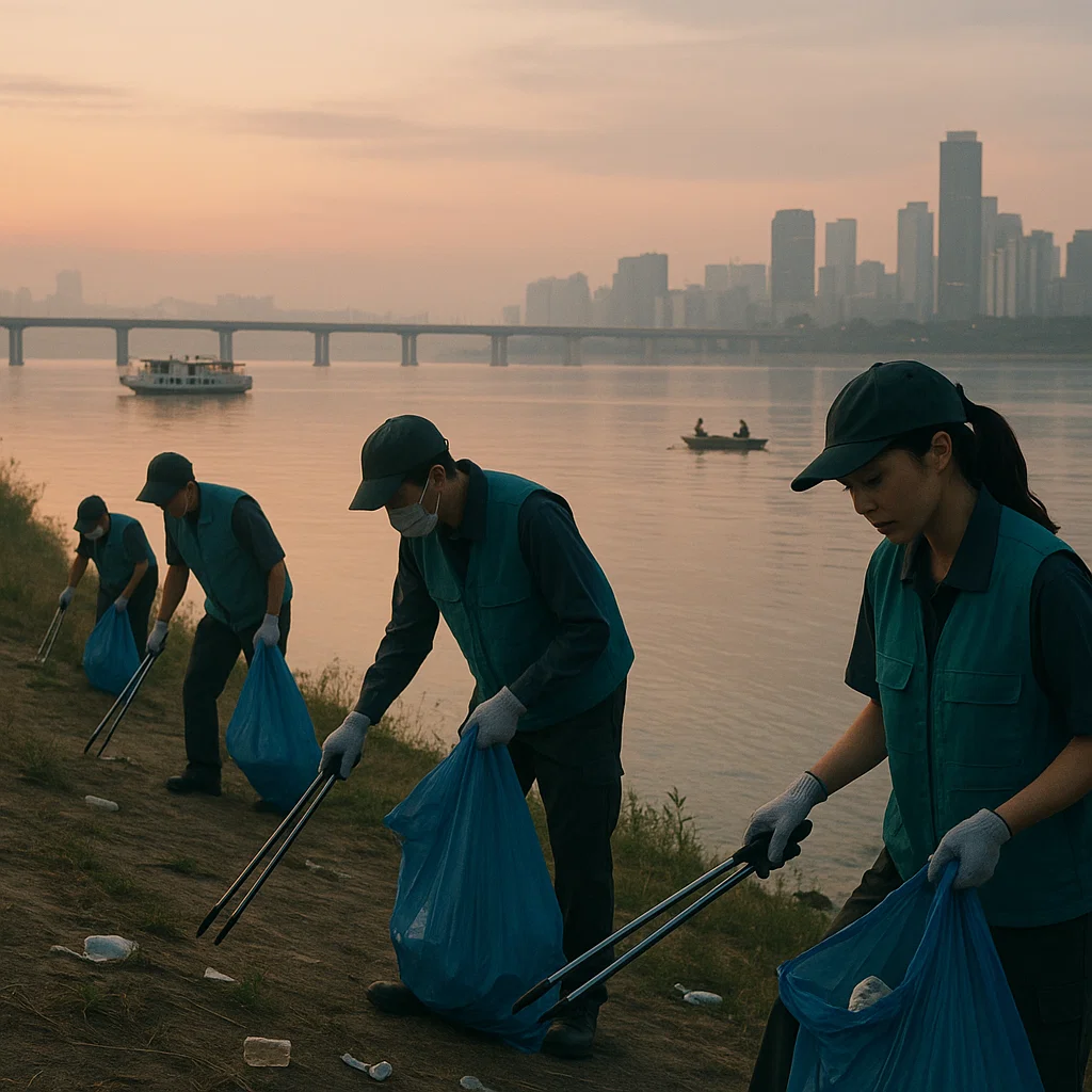 Volunteers cleaning Han River banks after fireworks at Diff Danang festival.