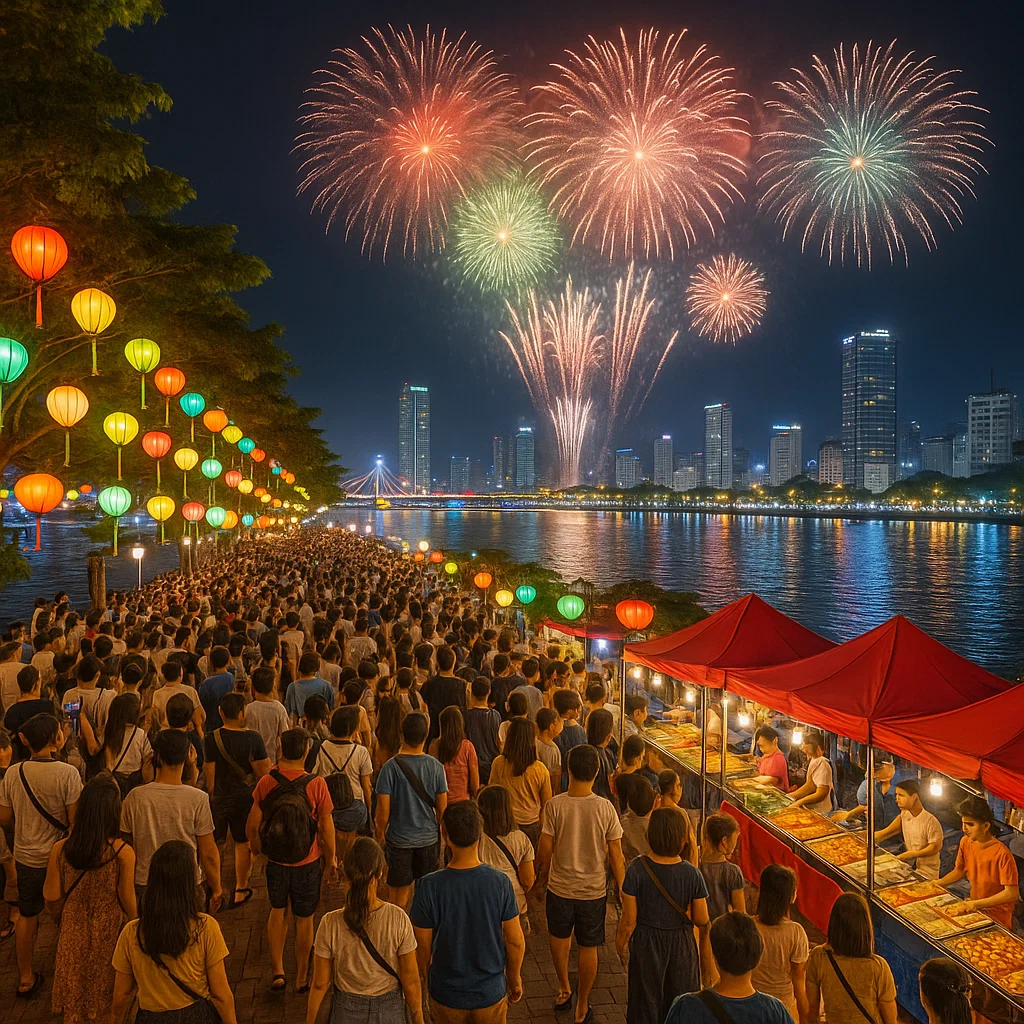 Tourists gathering along Han River to attend Diff Danang fireworks festival.